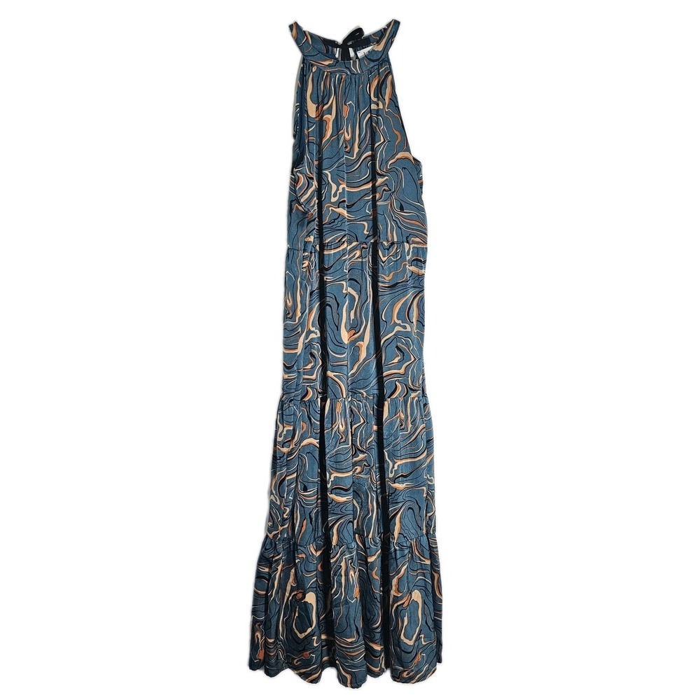 THML Maxi Dress Womens XS Blue Swirl Tiered High Neck Belted Anthropologie Fun